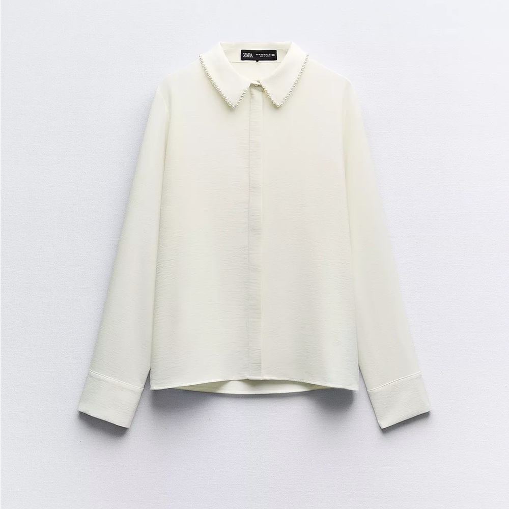 Zara off white Blouse with Pearl-Trim Collar